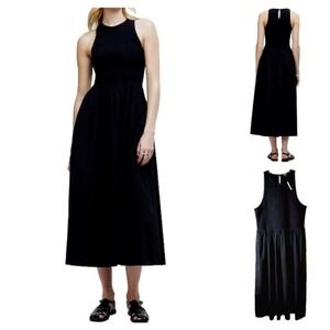 NWT Madewell The Melody Smocked Bodice Cotton Black Midi Dress Size XL